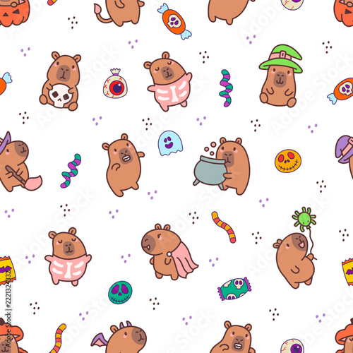 Capybara halloween seamless pattern set featuring candy worm ghost cauldron skull skeleton witch hat broom spider cape potion costume character