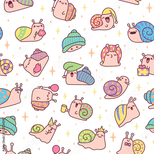 Cute snail seamless pattern set featuring mug crown gift flower heart glasses bow tie nightcap leaf party hat mustache balloon