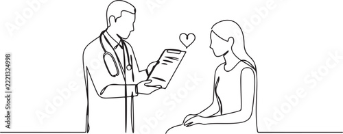 Single continuous line drawing doctor wearing stethoscope showing medical record to female patient. Explaining about health. Exam. one line Icon drawing