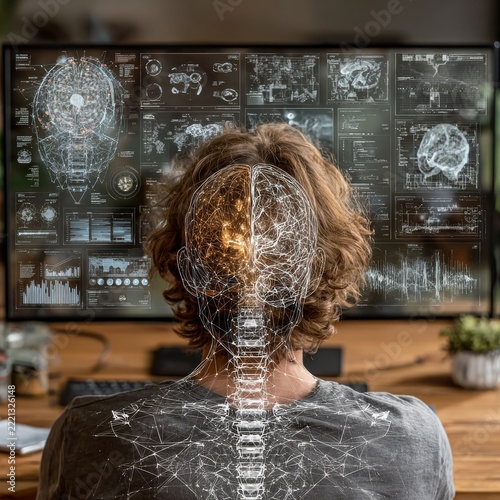 Man Analyzing Holographic AI Data and Human Brain Scans