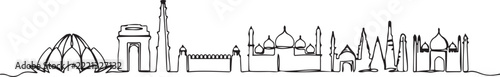 Single continuous line drawing of Delhi skyline, India. Famous city scraper landscape home wall decor art poster print. one line Icon drawing