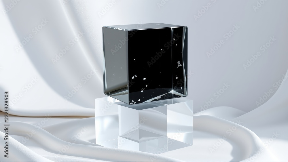 Fototapeta premium Glass cube rests upon clear pedestal. Dark interior suggests cosmos, stars visible within reflective surface. Minimalist presentation.