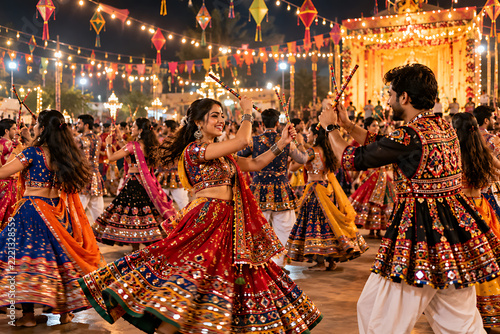 Traditional Indian Dandiya Dance Celebration During Navratri Festival at Night