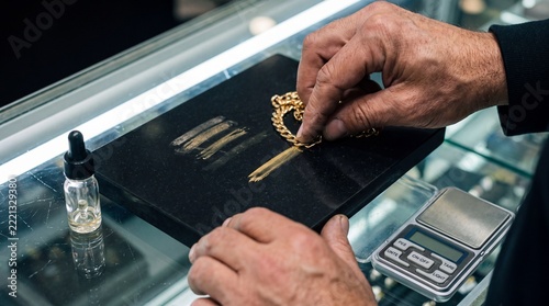 Pawnbroker Testing Gold Chain on Black Touchstone With Acid Bottle