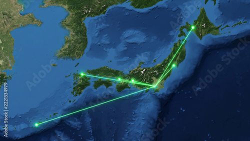 地球衛星軌道から見る日本列島主要都市を放射状に結ぶ光ネットワークの背景