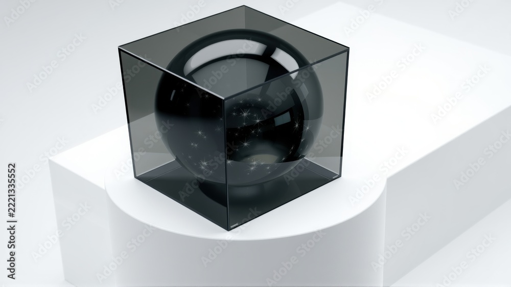 Fototapeta premium Glossy sphere inside transparent cube rests upon white surface. Minimalist design, stark contrast, modern aesthetic. Reflective surfaces create depth.