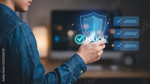 Compliance officer systematically reviewing corporate security policies, regulatory risk management frameworks, data protection standards, and cybersecurity governance documentation.