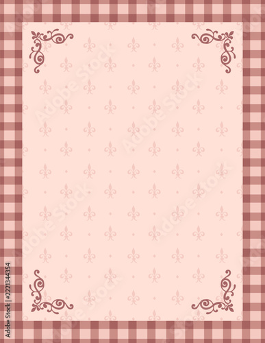 Vintage Pink gingham border with fleur de lis pattern. Vintage background for valentine, wedding invitation, greeting card, bridal stationery