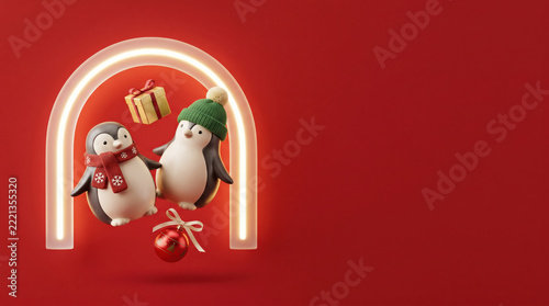 Noel greeting brings two penguin characters together beneath a glowing arch, a suspended gift and ribbon tied bauble complete the playful Christmas family scene on a crimson background