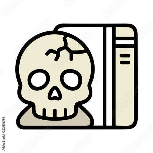 Cracked Skull Illustration Next to a Book on a Dark Background Representing Mystery and Death