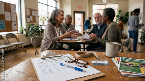 Diverse group of senior volunteers meeting at a community center for local neighborhood project planning