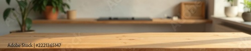 Warm wood tabletop, blurred minimalist apartment backdrop, texture background, house