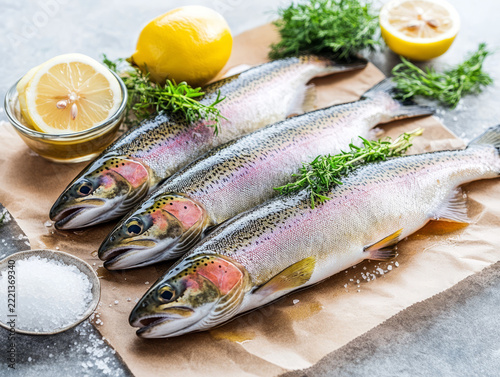 Fresh raw rainbow trout fish with lemon salt and herbs