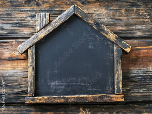 Wooden house frame blackboard mockup concept real estate home