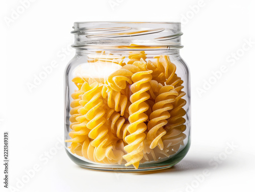 fusilli pasta in a glass jar isolated on white background