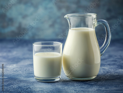 Glass of fresh milk and pitcher on blue textured background