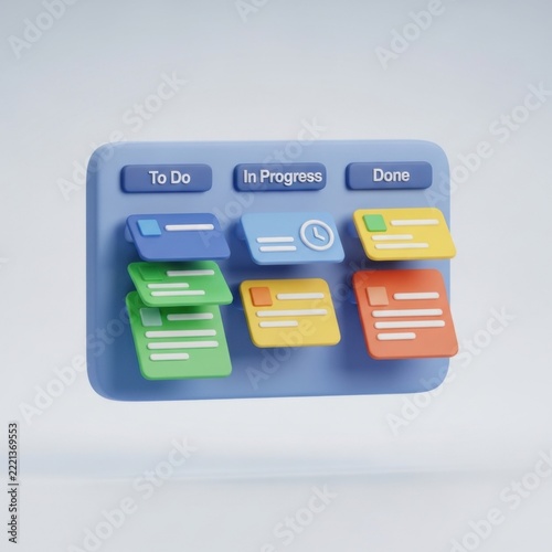 Kanban board with to do in progress and done columns featuring colorful task cards