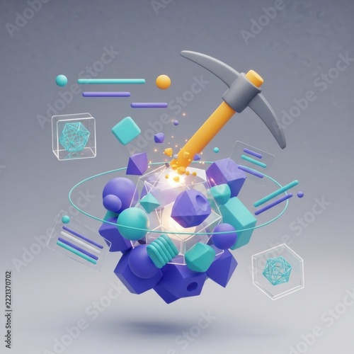Pickaxe striking a cluster of geometric shapes and data in a3d abstract composition