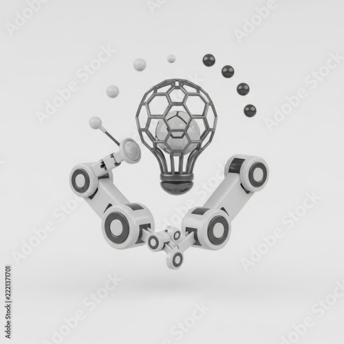 Robotic arms assembling a geometric light bulb shape with floating spheres on white background