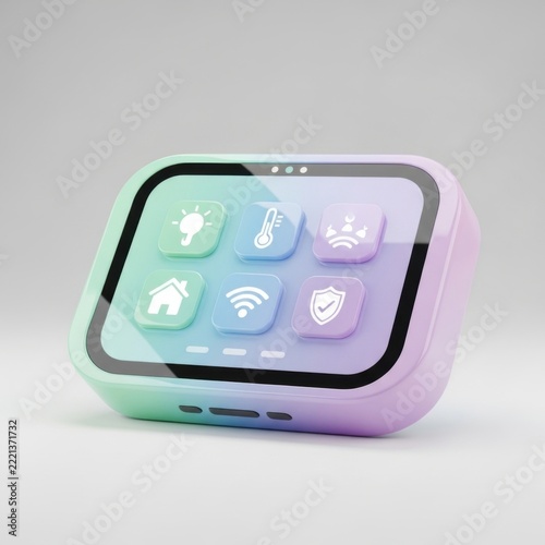 Rounded smart home control tablet with gradient pastel interface and six functional touch