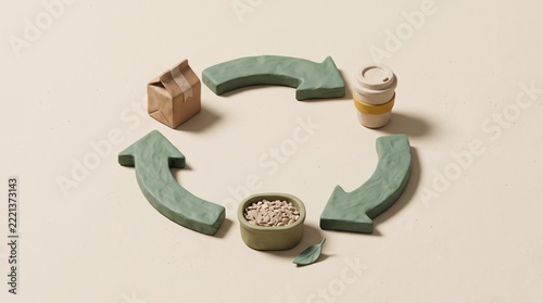 Circular Economy Icons: A visual representation of a circular economy, featuring recycling arrows surrounding icons for paper packaging, coffee cup, and food scraps.