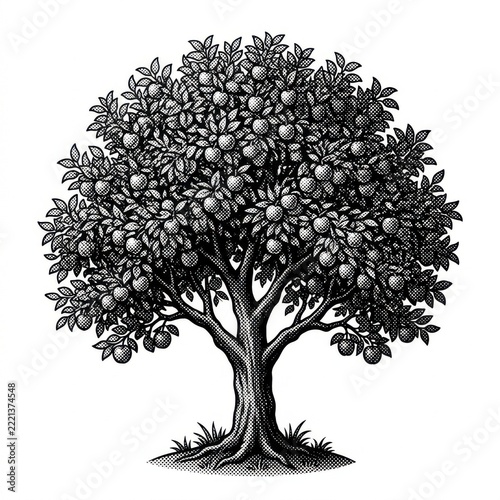 Vintage Engraving of a Fruit Tree Laden with Ripe Fruit.