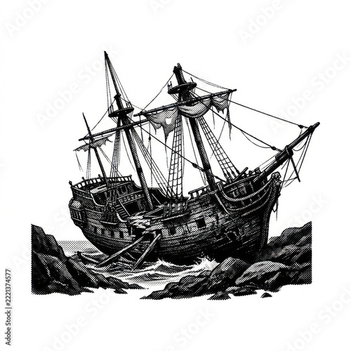 Vintage shipwrecked galleon grounded on rocky shore, detailed illustration.