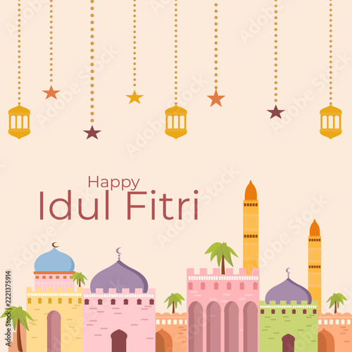 Idul Fitri Mosque Celebration Illustration