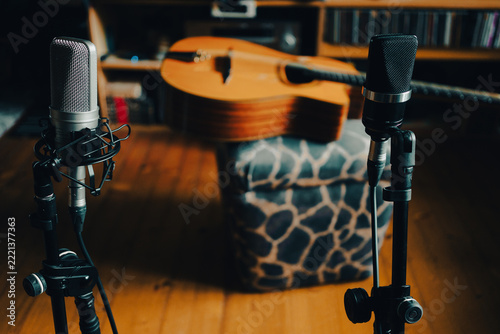 Gypsy jazz acoustic guitar in the living room with two microphones