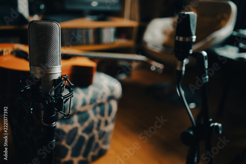 Gypsy jazz acoustic guitar in the living room with two microphones