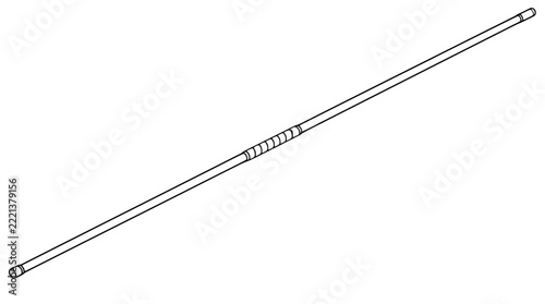 Black outline vector icon of an extra long straight vaulting pole with wrapped grip section in the middle and small end caps drawn with thin clean lines in diagonal composition stressing slenderness