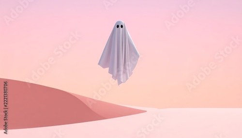 Ghost Floating over Minimalist Pink Sand Dunes in Surreal Landscape