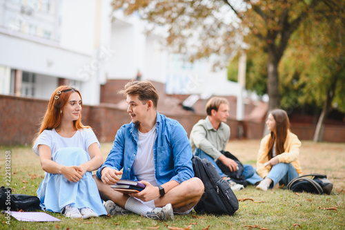 University students studying and communicating on campus grass
