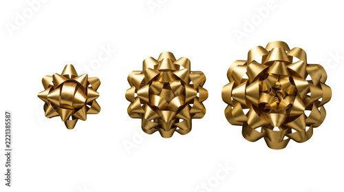 Three gold metallic gift bows of different sizes isolated on transparent background