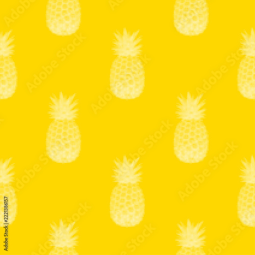 Seamless pattern with white pineapple silhouettes in halftone dot style on vibrant yellow background