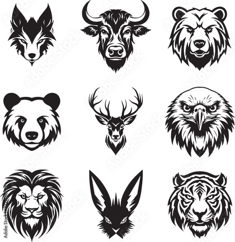 Set of Animal Head Logos, Monochrome Wild Animals Silhouette Icons, Wolf Bull Bear Panda Deer Eagle Lion Rabbit Tiger Vector Illustration
