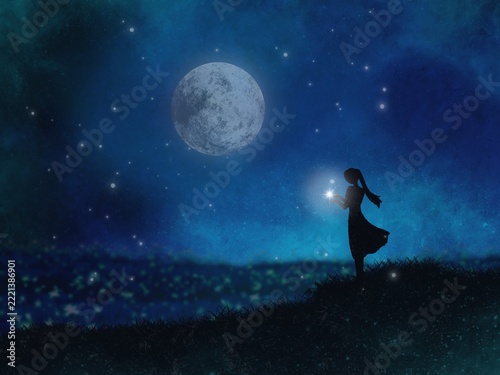 Silhouette of a young woman standing and praying to the moon. A digitally illustrated image suitable for use as a background.