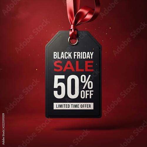 Black Friday sale tag hanging with glossy red ribbon and white typography against dark crimson background promoting huge discount shopping events