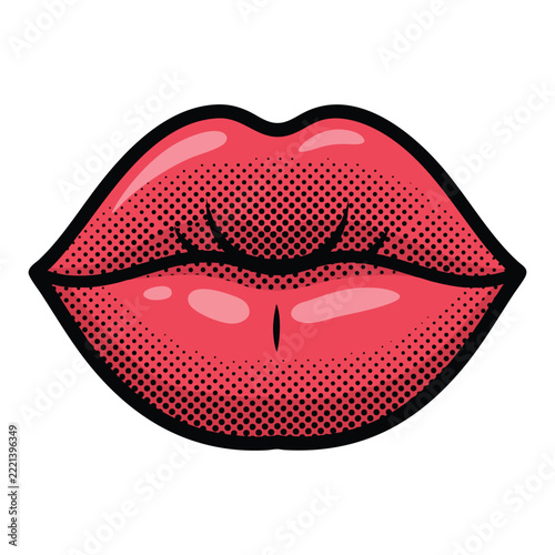 Retro Pop Art Comic Style Red Lips with Halftone Shadow