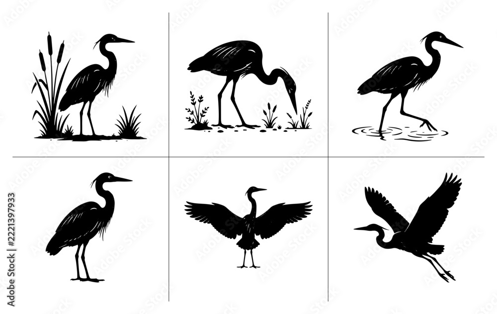 Fototapeta premium Heron silhouettes set with standing, foraging, wading, displaying wings and flying poses for nature logos