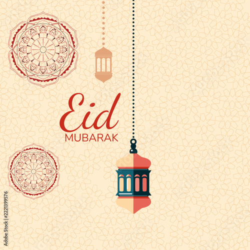 Eid Mubarak Greeting with Lanterns and Mandalas Illustration
