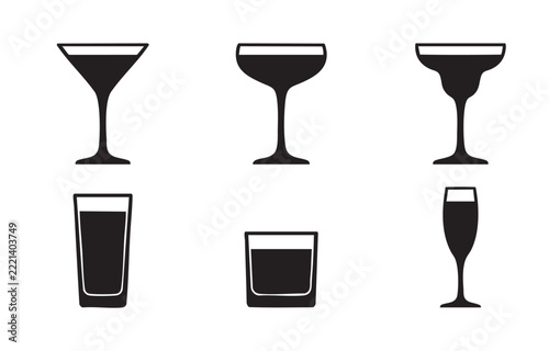 Set of Six Cocktail Bar Glass Vector Icons with Liquid Fill