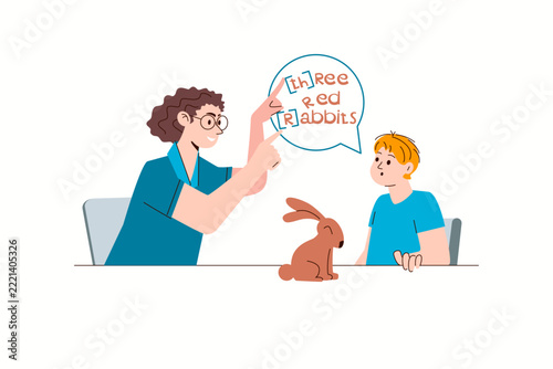 Child learns to pronounce challenging sounds correctly during speech therapy. Vector character illustration.