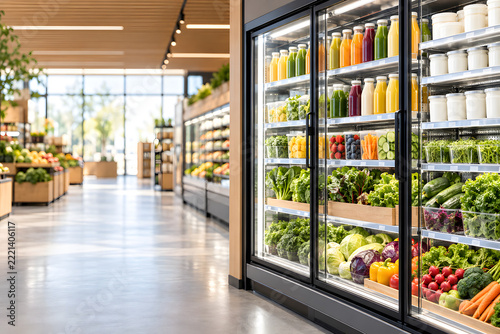 Grocery Store Interior: A well-stocked grocery store filled with fresh produce and colorful beverages displays a vibrant and inviting shopping experience.
