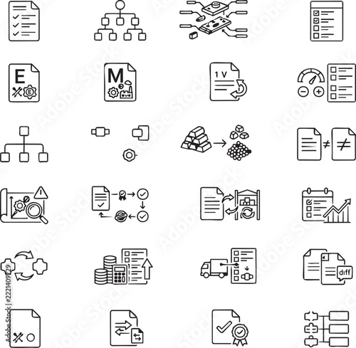 Bill of Materials Management Black Line Icon Set for Product Structures and Manufacturing Planning