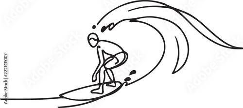 Canvas Print Single continuous line drawing young professional surfer in action riding the waves on blue ocean