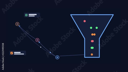 Seamless 4K looping animation of an abstract business metaphor: removing the bottleneck widening flow. Flat vector shapes, glowing blue and azure details and dark interface cards with blank text place