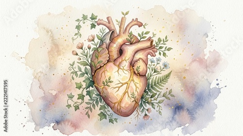 Illustrated Heart Surrounded by Botanical Elements.