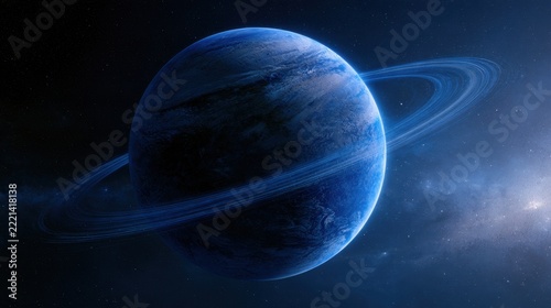 Detailed digital artwork of a blue gas giant planet with glowing ring system orbiting in deep space cosmic environment