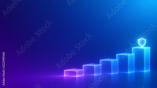 Neon blue rising bar chart blocks with glowing shield icon symbolizing business growth security and financial stability goal.